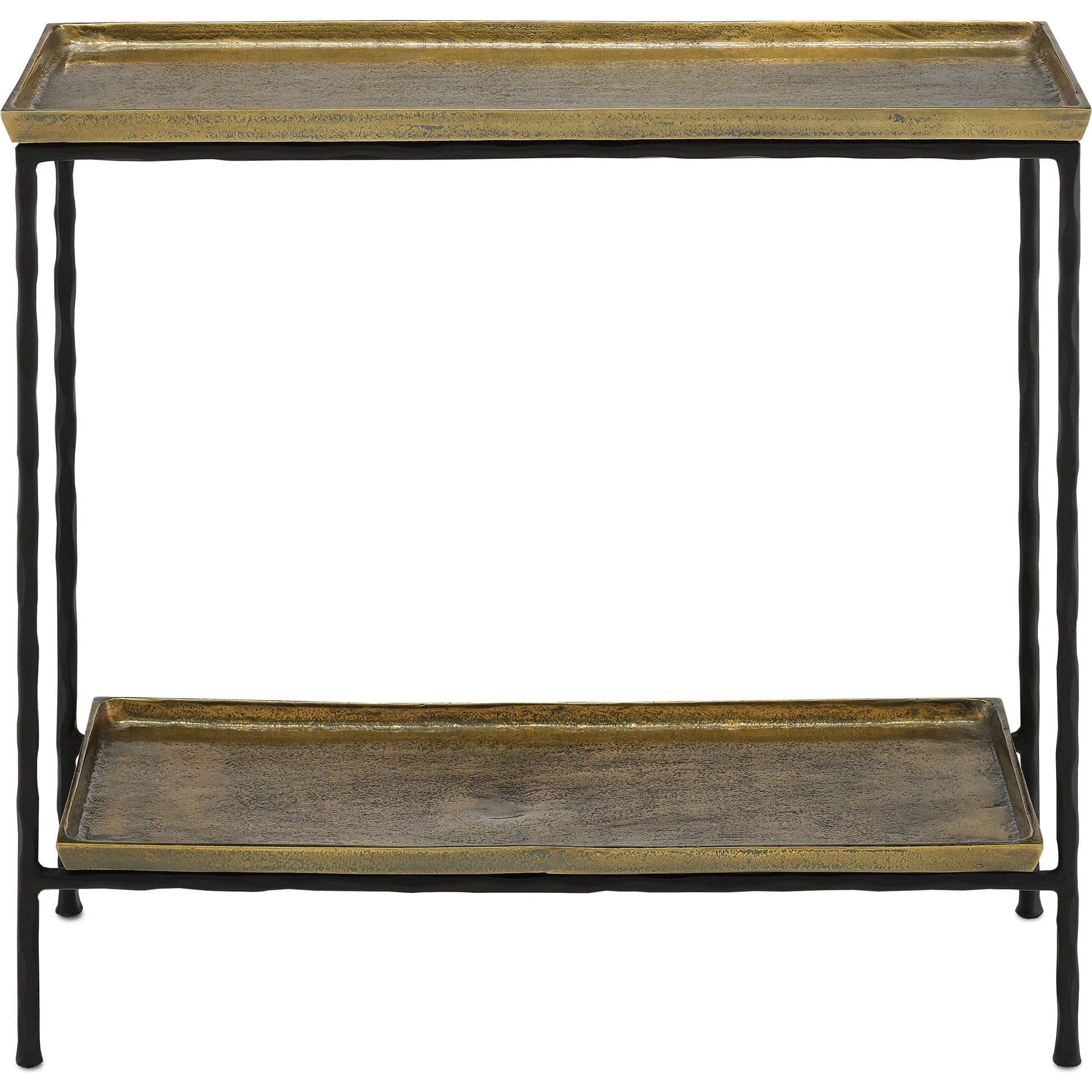 Boyles Brass Side Table by Currey and Company in antique brass, black. Made from cast aluminum, iron in a transitional style.