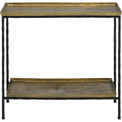 Boyles Brass Side Table by Currey and Company in antique brass, black. Made from cast aluminum, iron in a transitional style.