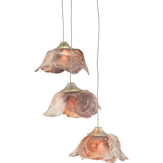 Catrice Pendant by Currey and Company in painted silver, contemporary silver leaf, natural shell. Made from capiz shell, wrought iron in a coastal style.