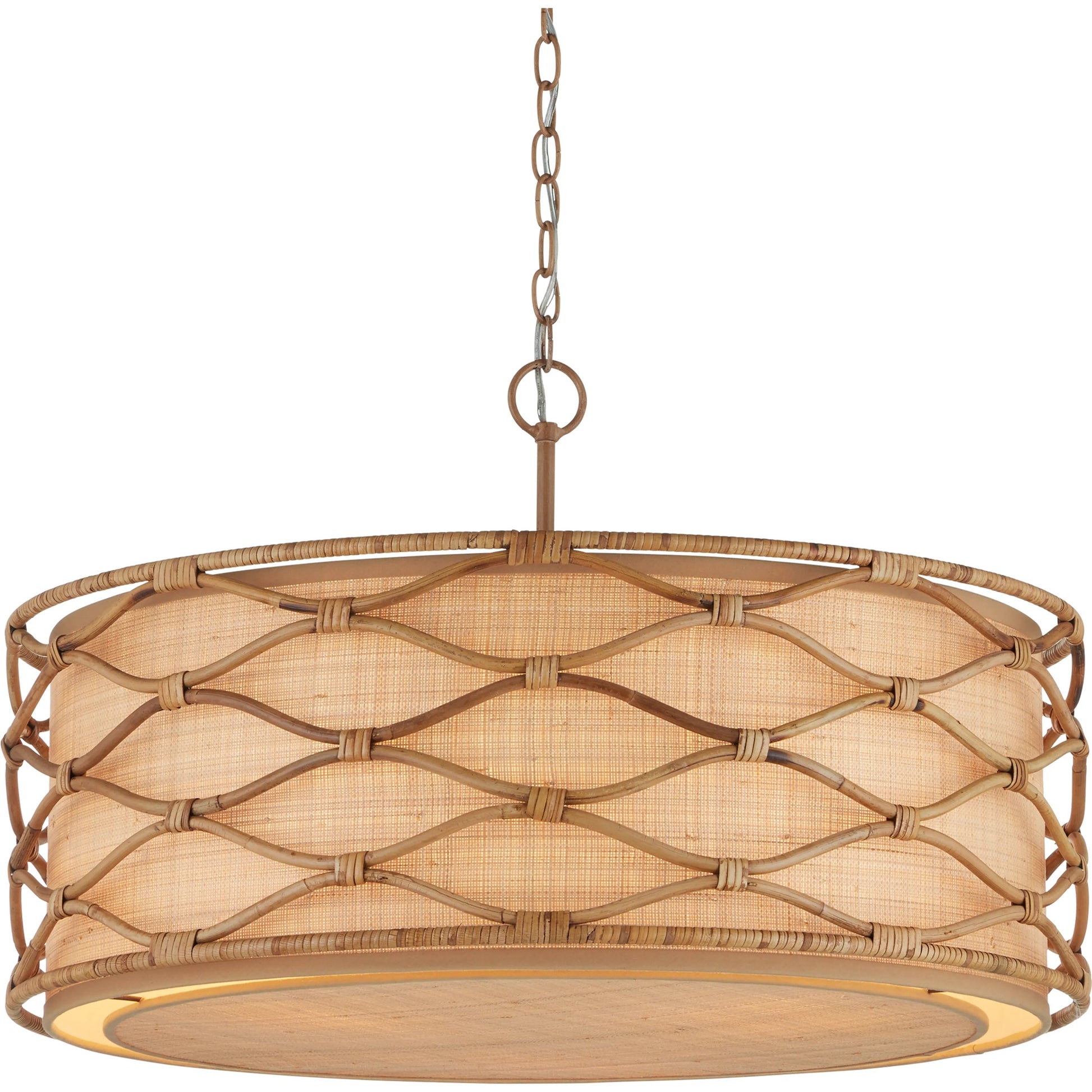 Partita Pendant by Currey and Company in saddle tan, natural. Made from wrought iron, rattan in a modern style.