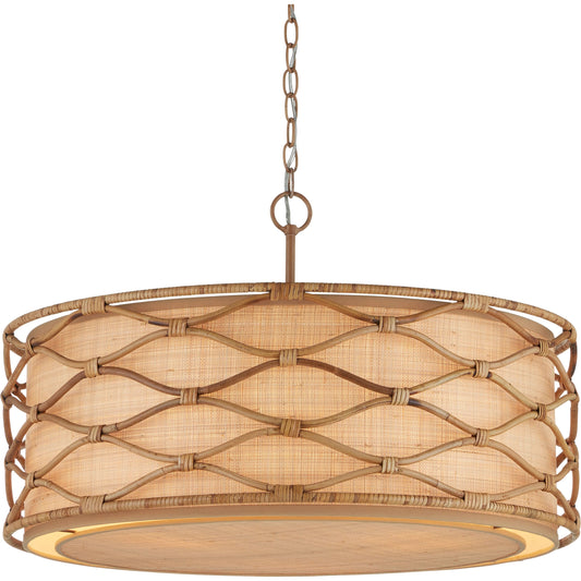 Partita Pendant by Currey and Company in saddle tan, natural. Made from wrought iron, rattan in a modern style.