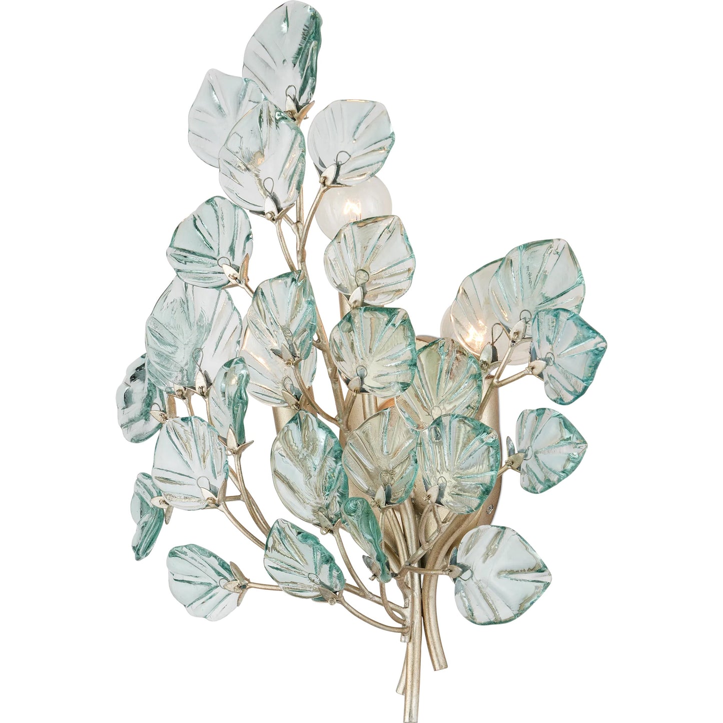 003 SI-2524237 | Closeup | Baobab Wall Sconce by Currey and Company in clear, contemporary silver leaf. Made from recycled glass, wrought iron in a modern style.