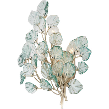 Baobab Wall Sconce by Currey and Company in clear, contemporary silver leaf. Made from recycled glass, wrought iron in a modern style.