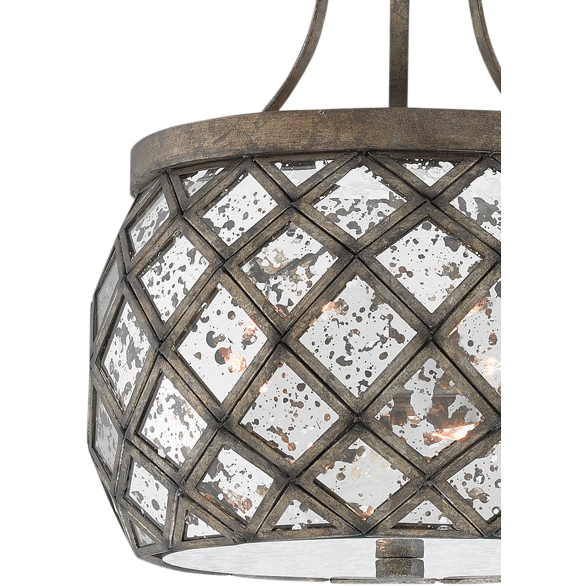 Buckminster Semi-Flush Mount by Currey and Company in pyrite bronze, raj mirror. Made from wrought iron, glass in a transitional style.