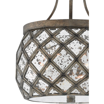 Buckminster Semi-Flush Mount by Currey and Company in pyrite bronze, raj mirror. Made from wrought iron, glass in a transitional style.