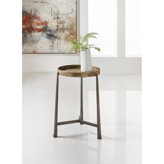 Funda Accent Table by Hooker Furniture in distressed gold. Made from hammered iron, cast aluminum in a eclectic & global style.