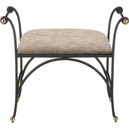 Mabel Ottoman by Currey and Company in antique black, polished brass. Made from steel, stainless steel in a transitional style.