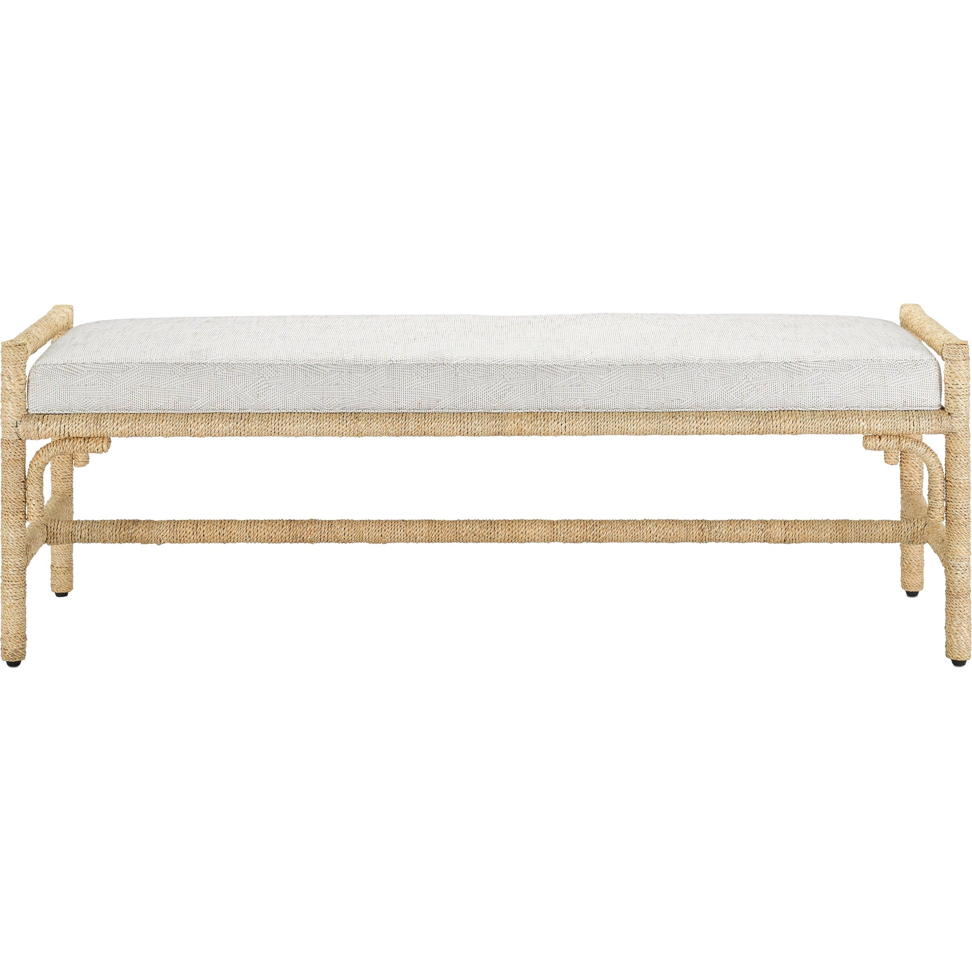 Olisa Bench by Currey and Company in pearl. Made from abaca rope, wrought iron, fabric in a coastal style.