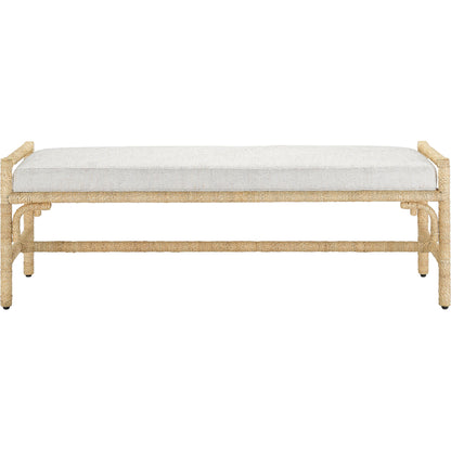 Olisa Bench by Currey and Company in pearl. Made from abaca rope, wrought iron, fabric in a coastal style.