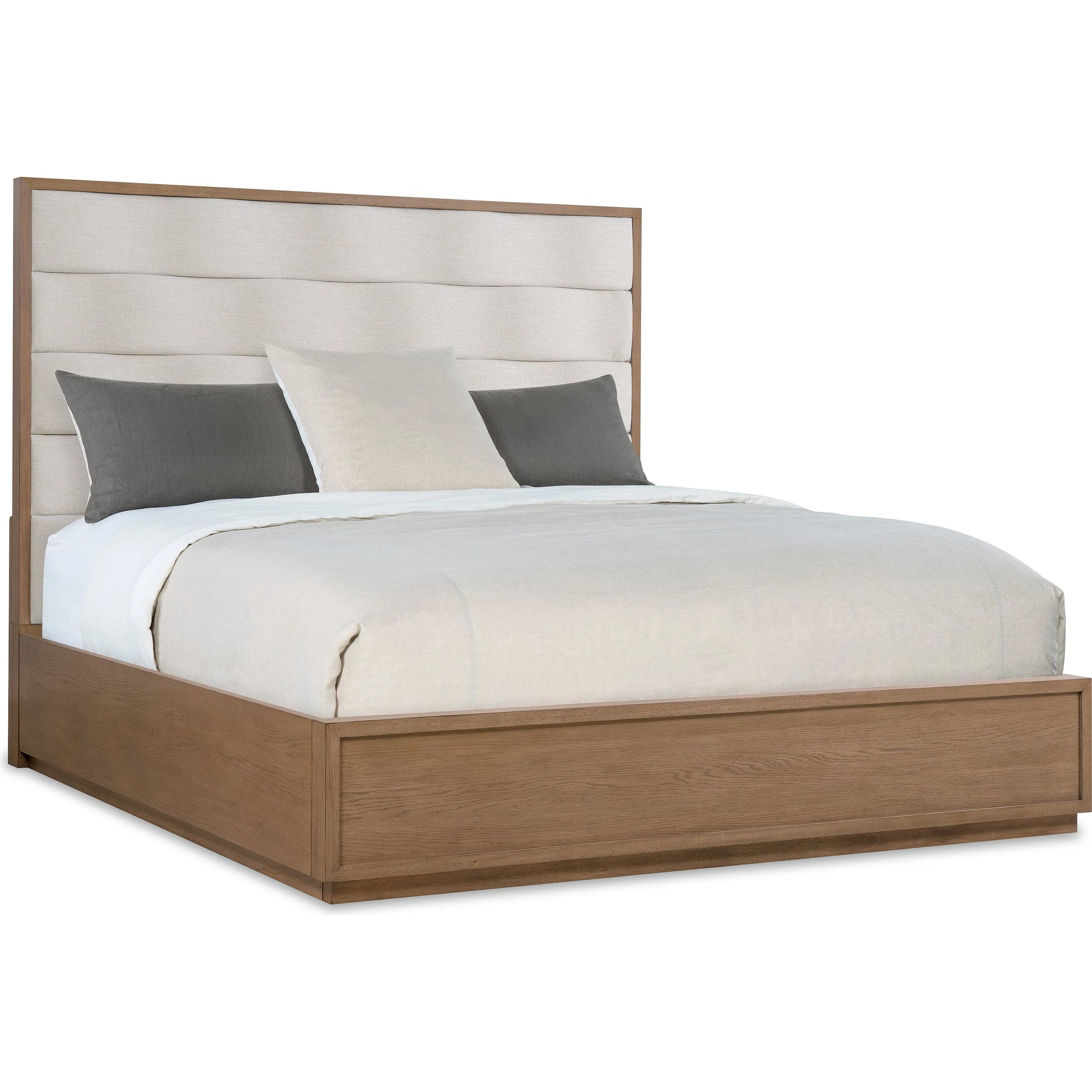 Sonnet California King Upholstered Bed by Hooker Furniture in beige and wren. Made from 92% polyester, 8% linen in a transitional style.