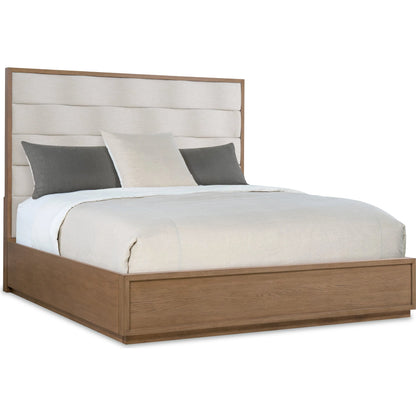 Sonnet California King Upholstered Bed by Hooker Furniture in beige and wren. Made from 92% polyester, 8% linen in a transitional style.