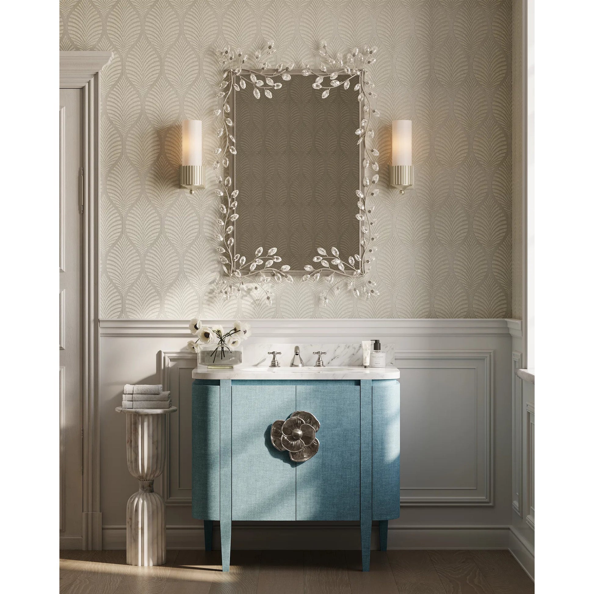 Forget-Me-Not Mirror by Currey and Company. Made from crystal, metal, glass in a modern style.