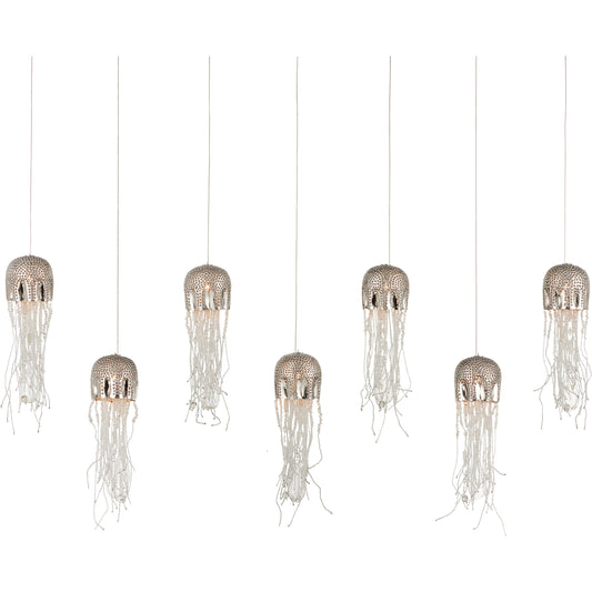 Medusa Rectangular 7-LIGHT Multi-Drop Pendant by Currey and Company in nickel, silver. Made from nickel, steel, glass in a modern style.