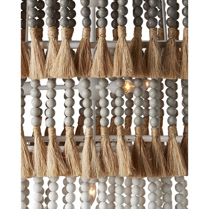 St. Barts Chandelier by Currey and Company in mist blue, demin blue. Made from wrought iron, wood beads, abaca rope in a coastal style.