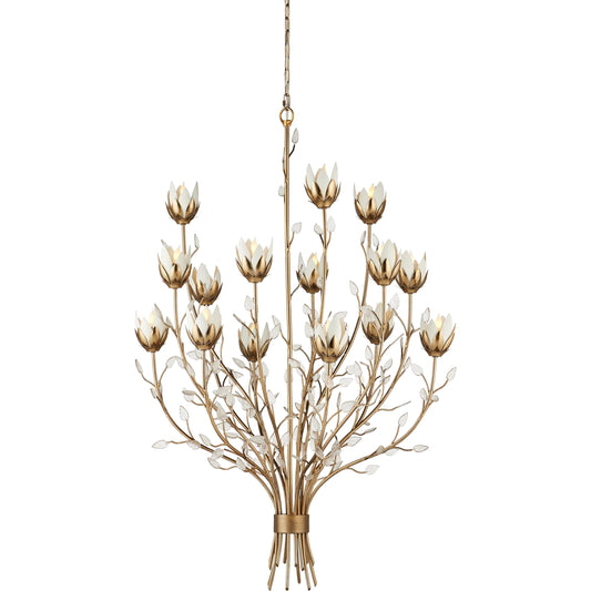 Star Magnolia Chandelier by Currey and Company in antique brass, white, clear. Made from metal, brass, glass in a modern style.