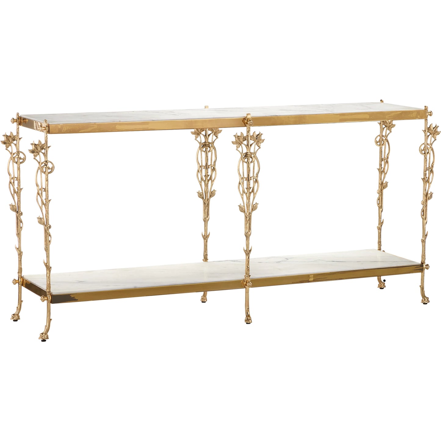 001 SI-2257296 | Primary Silo | Fiore Console Table by Currey and Company in polished brass, natural. Made from brass, white marble in a modern style.