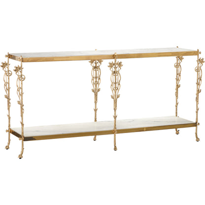 Fiore Console Table by Currey and Company in polished brass, natural. Made from brass, white marble in a modern style.