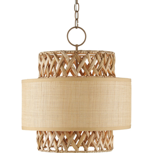 Isola Pendant by Currey and Company in khaki, natural. Made from wrought iron, grass cloth in a cottage & farmhouse style.