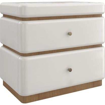 Milos Nightstand by Caracole in almond milk, toasted pecan. Made from acacia, marble, birch in a modern style.