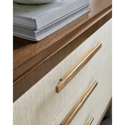 Eleana Three Drawer Chest by Hooker Furniture in light caramel, quartered walnut veneers. Made from walnut veneers, wall covering in a modern style.