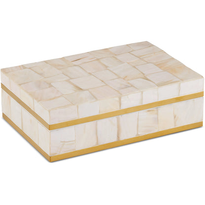 Casey Mother-Of-Pearl Box by Currey and Company in natural, white, polished brass. Made from mother of pearl, engineered wood, brass in a modern style.