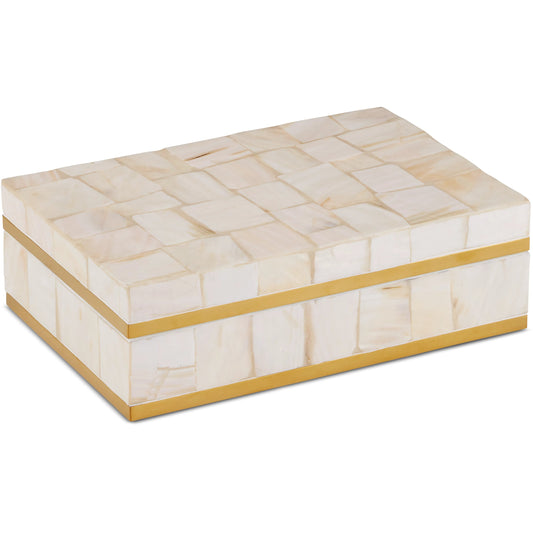 Casey Mother-Of-Pearl Box by Currey and Company in natural, white, polished brass. Made from mother of pearl, engineered wood, brass in a modern style.