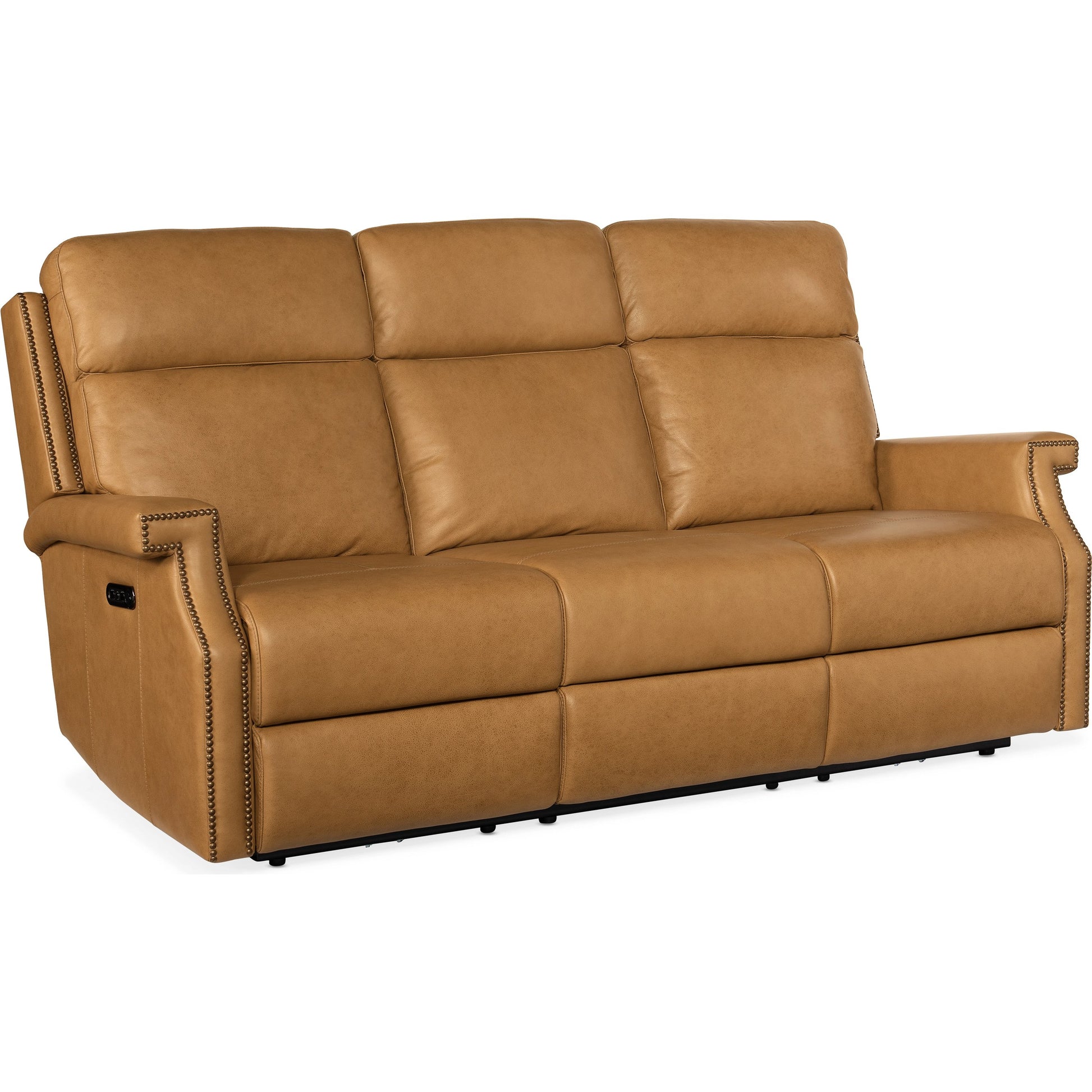 Vaughn Zero Gravity Sofa by Hooker Furniture in shattered stone. Made from leather in a traditional style.
