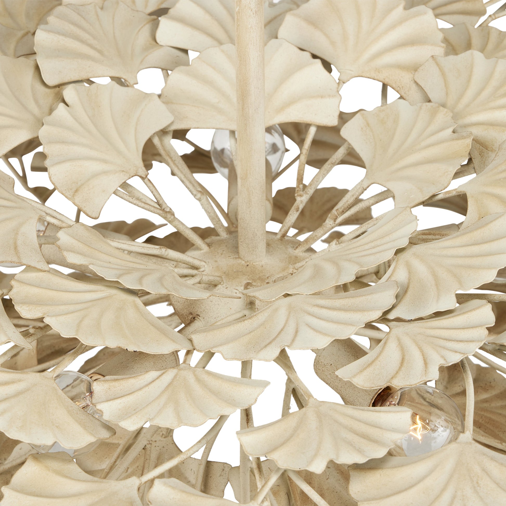 Maidenhair Cream Semi-Flush Mount by Currey and Company in antique pearl. Made from wrought iron in a modern style.