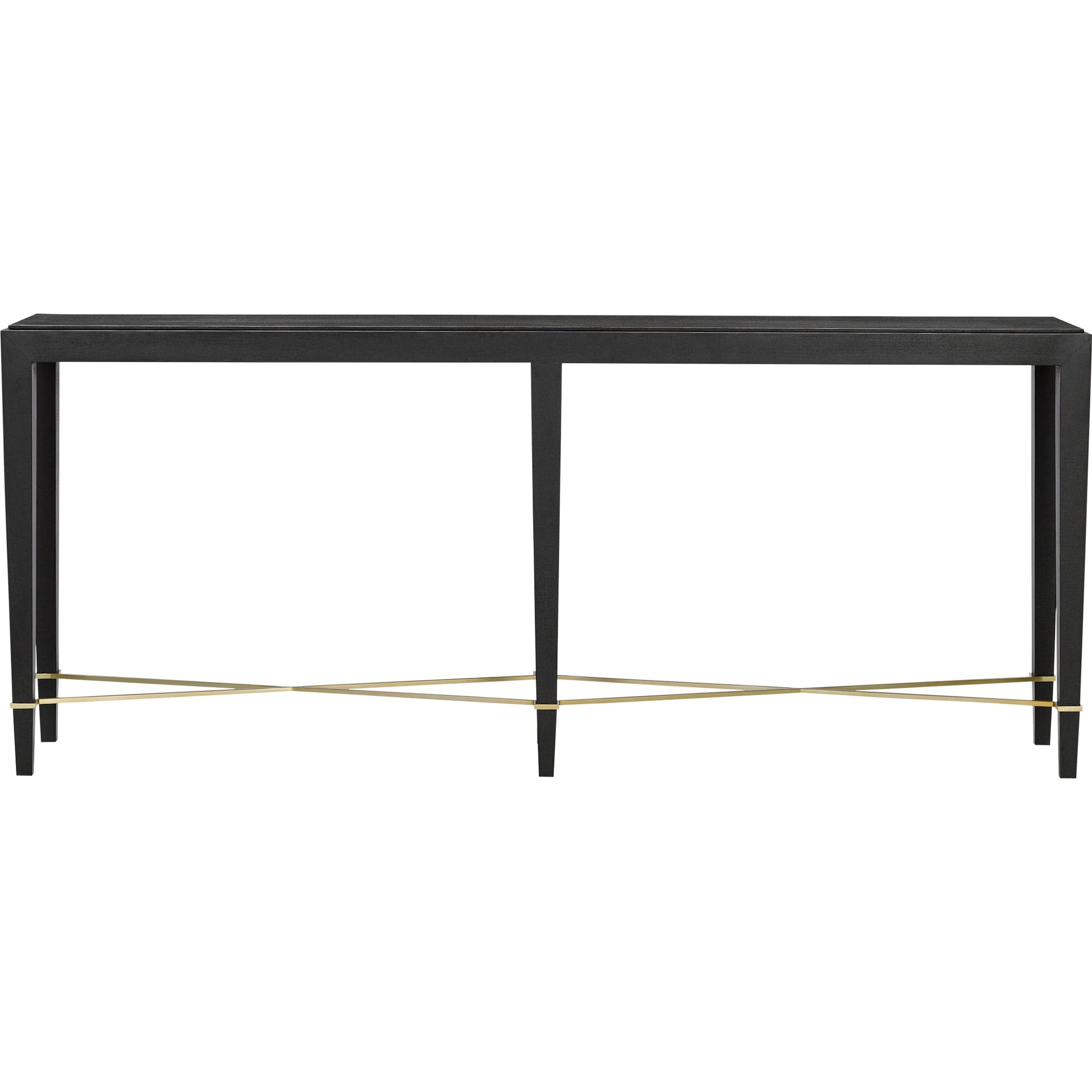 Verona Console Table by Currey and Company in black lacquered linen, champagne metal. Made from black lacquered linen, solid wood, engineered wood, metal in a modern style.