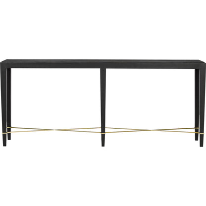 Verona Console Table by Currey and Company in black lacquered linen, champagne metal. Made from black lacquered linen, solid wood, engineered wood, metal in a modern style.