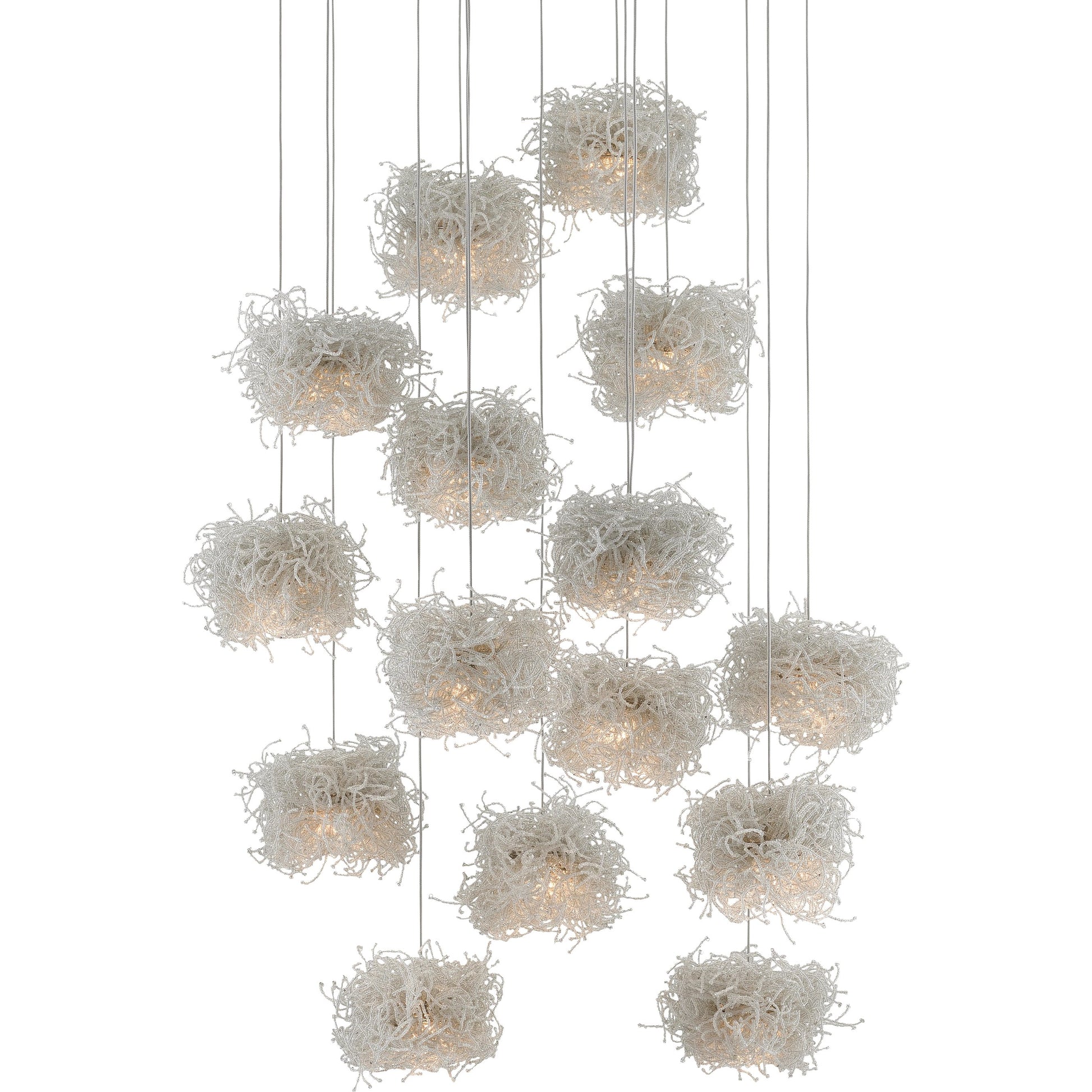 Birds Nest Pendant by Currey and Company in painted silver, clear. Made from metal, glass bead in a modern style.