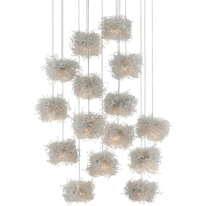 Birds Nest Pendant by Currey and Company in painted silver, clear. Made from metal, glass bead in a modern style.