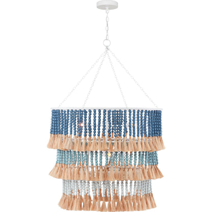 St. Barts Chandelier by Currey and Company in mist blue, demin blue. Made from wrought iron, wood beads, abaca rope in a coastal style.