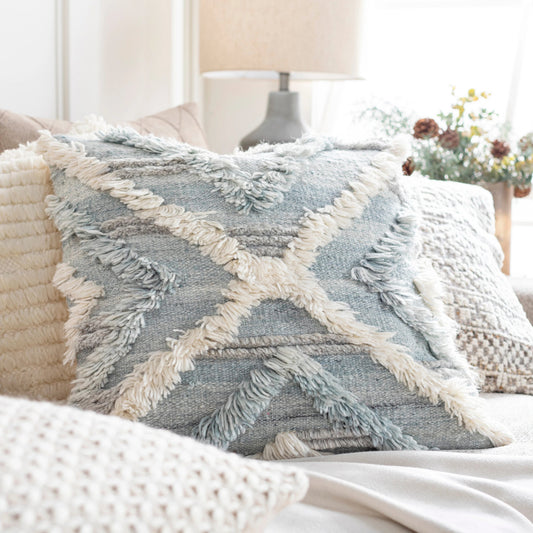 Baracoa Pillow - 36076 by Surya in ice blue, light beige. Made from 65% rayon, 28% wool, 7% cotton, 100% cotton in a eclectic & global style.