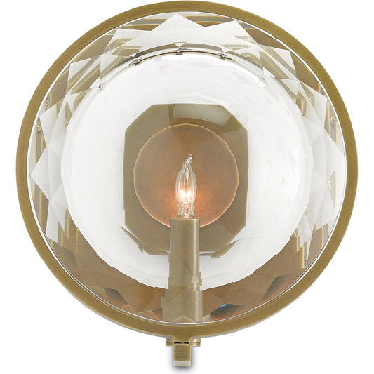 Marjiescope Wall Sconce by Currey and Company in antique brass. Made from metal, brass, prism optic crystal in a traditional style.