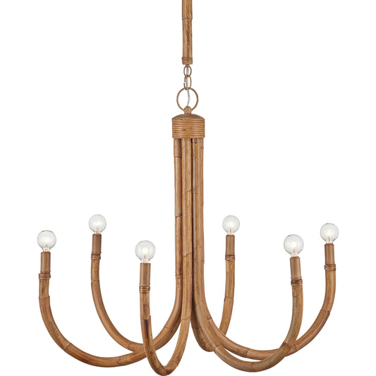 Samsara Chandelier by Currey and Company in natural, saddle tan. Made from rattan, wrought iron in a unique style.