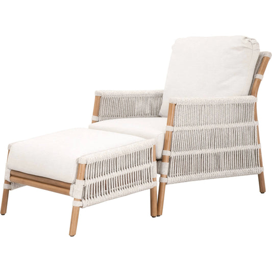 Bacara Club Chair with Footstool by Essentials For Living in natural rattan, white speckle rope, performance white speckle. Made from solid mahogany wood, polyolefin rope, 100% olefin fabric, foam in a coastal style.