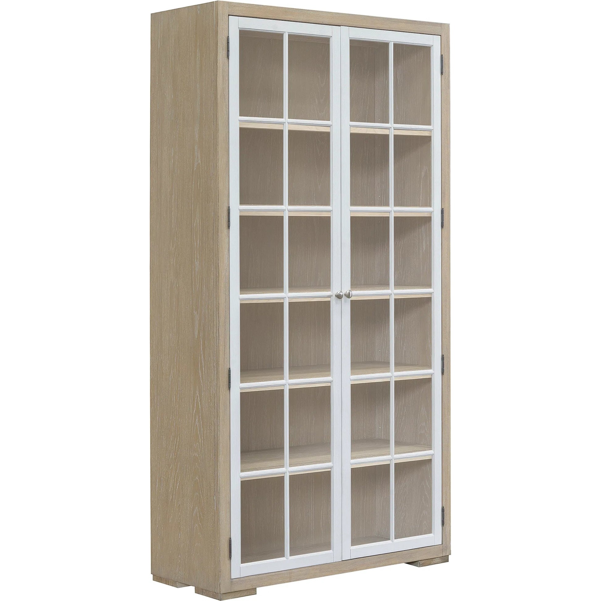 Contemporary 5-Shelf Glass Door Bookcase by Pulaski Furniture in natural wood, white. Made from oak wood veneers in a unique style.