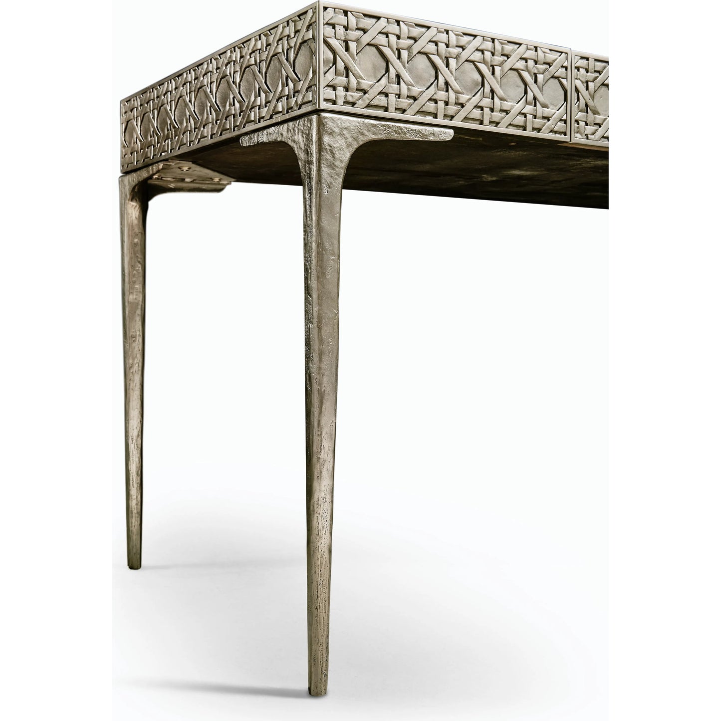 007 SI-2186273 | Closeup | Water Cnoidal Cane Carved Metal Desk by Jonathan Charles in white brass. Made from metal, leather in a modern style.