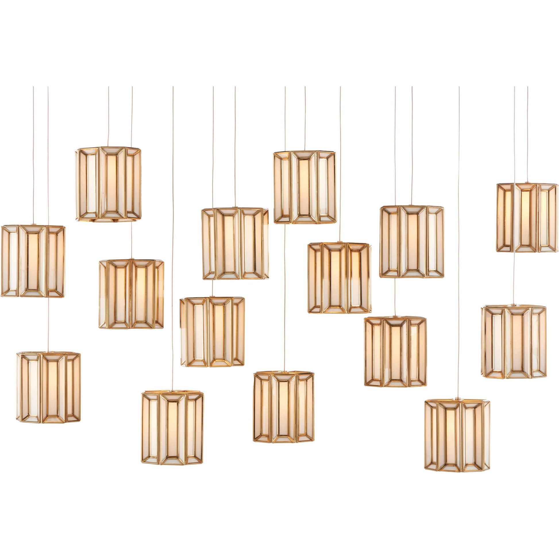 Daze Rectangular 15-LIGHT Multi-Drop Pendant by Currey and Company in antique brass, white, painted silver. Made from frosted glass in a modern style.