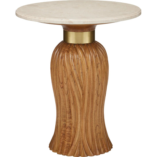 Tassel Accent Table by Currey and Company in morel brown, natural, brushed brass. Made from mindi wood, crema marfil marble, brass in a traditional style.