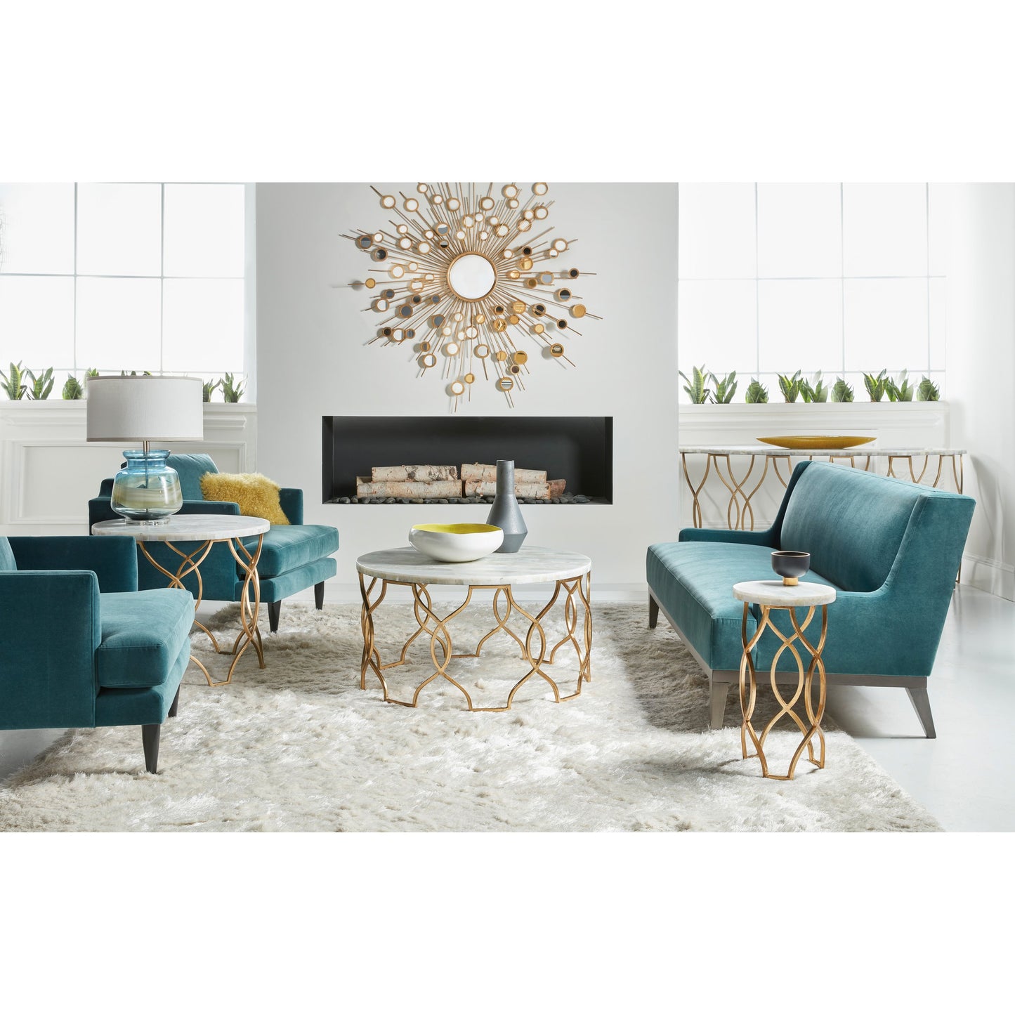 003 SI-1873145 | Lifestyle | Melange Corrina Sofa Table by Hooker Furniture in gold. Made from white onyx parquet with carbon steel metal in a modern style.