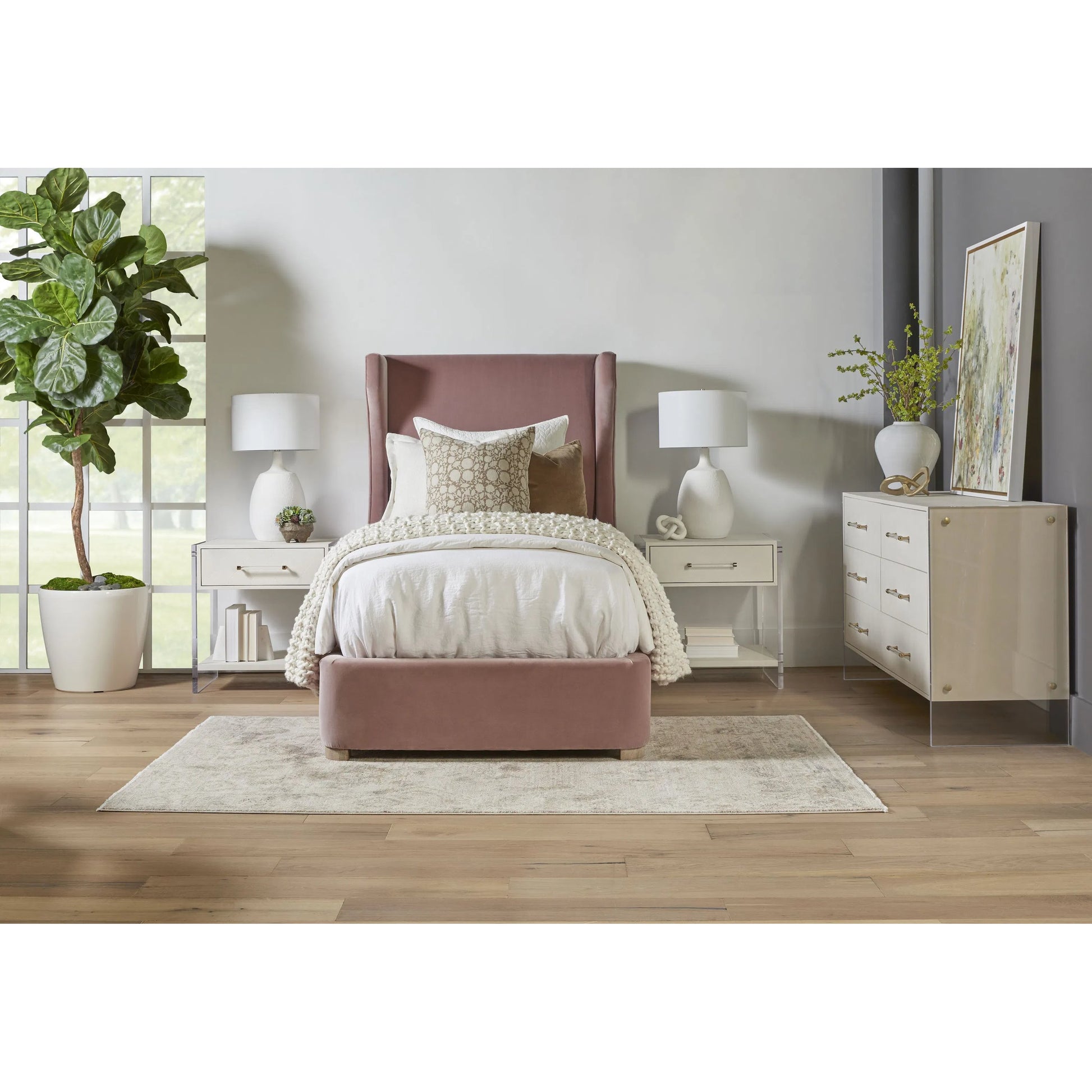 Balboa Bed by Essentials For Living in petal and natural gray oak. Made from velvet, solid oak wood, plywood, metal in a eclectic & global style.