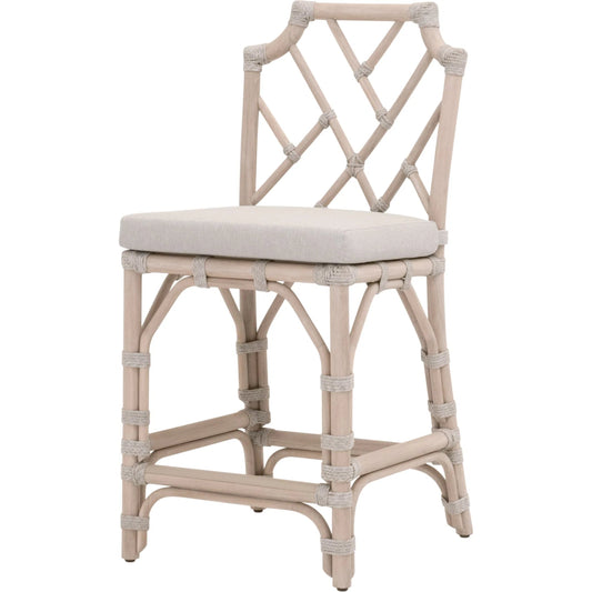 Bayview Outdoor Counter Stool by Essentials For Living in taupe, white flat rope, performance pumice, washed ever teak. Made from solid teak wood in a unique style.
