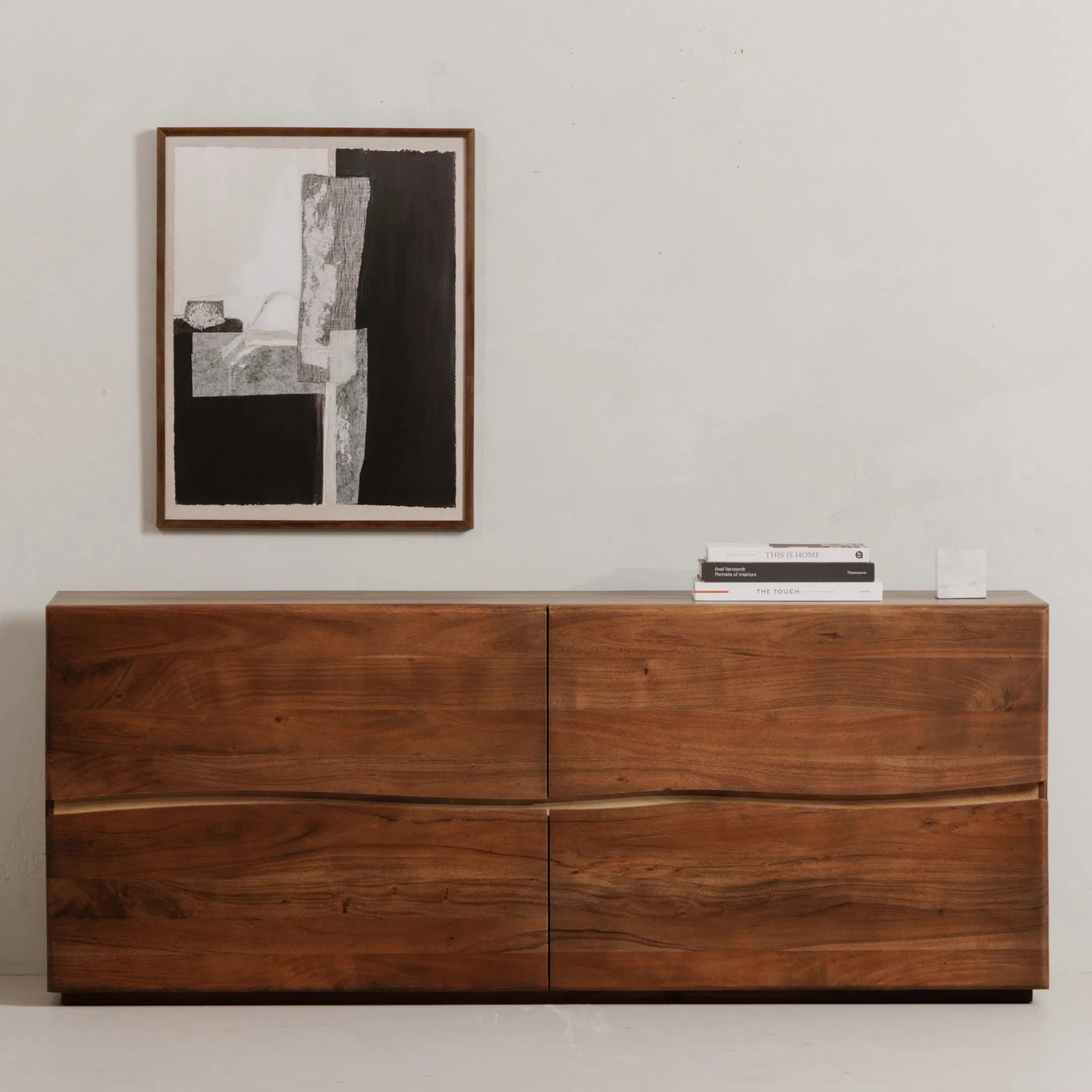 Watson 4 Drawer Dresser by Moe's Home Collection in walnut. Made from solid acacia, mdf back in a transitional style.