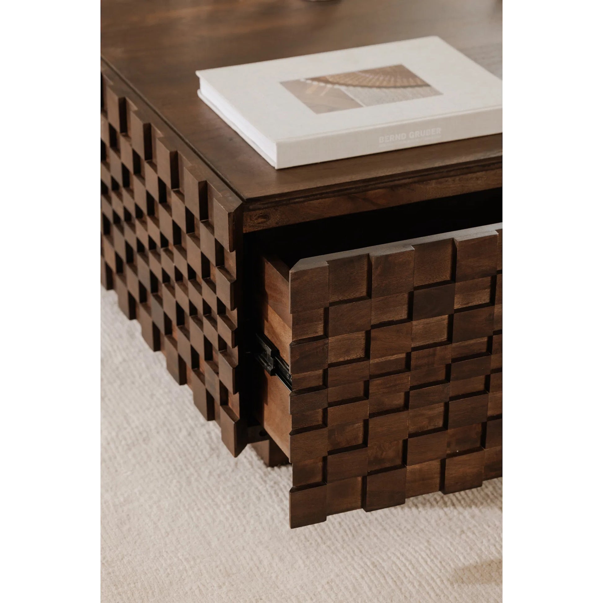 Easton Storage Coffee Table by Moe's Home Collection in brown. Made from acacia wood, acacia veneer, carcass walls in solid acacia wood, top panel acacia veneer, drawer bottom panel acacia veneer in a traditional style.