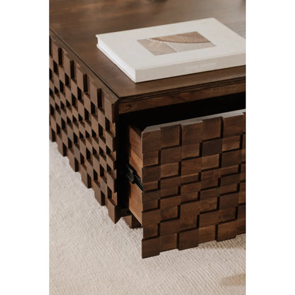 Easton Storage Coffee Table by Moe's Home Collection in brown. Made from acacia wood, acacia veneer, carcass walls in solid acacia wood, top panel acacia veneer, drawer bottom panel acacia veneer in a traditional style.