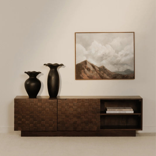 Easton Media Cabinet by Moe's Home Collection in brown and brown. Made from acacia wood, acacia veneer, solid acacia wood, back panel in acacia veneer. in a unique style.
