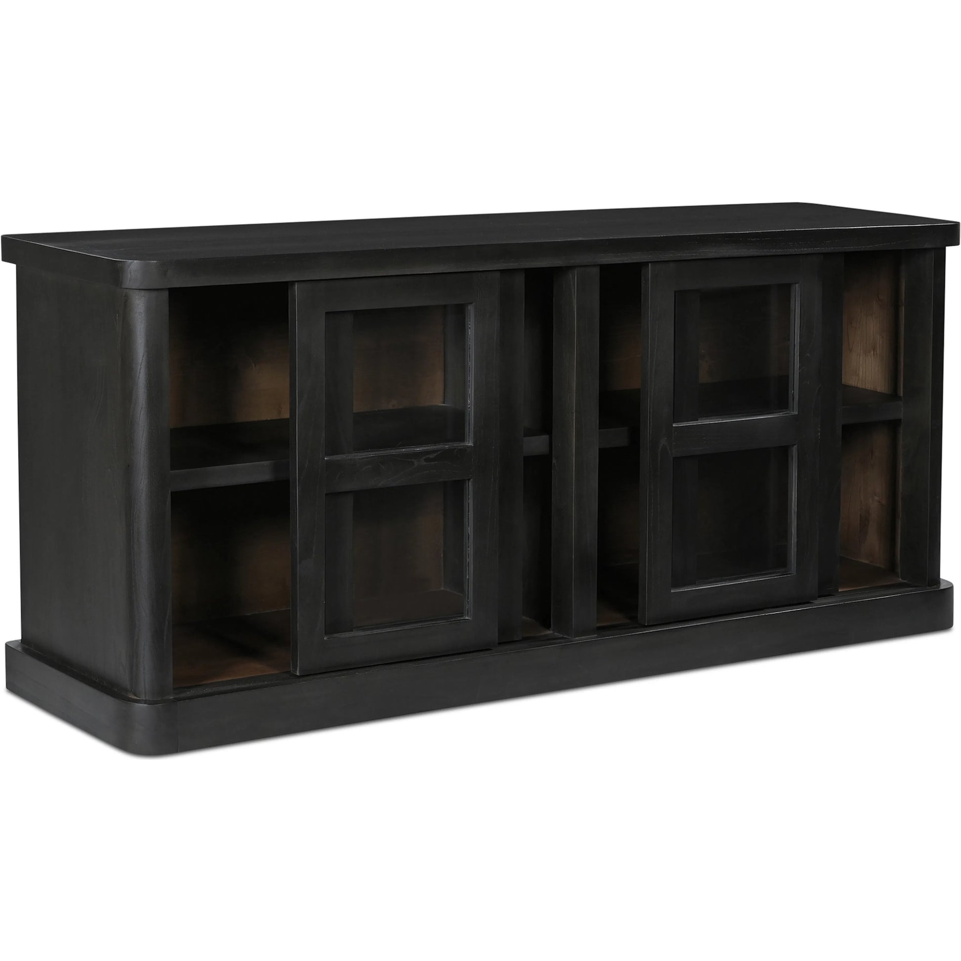 Mona Sideboard by Moe's Home Collection in black. Made from solid neem wood, tempered glass, pine veneer back in a traditional style.