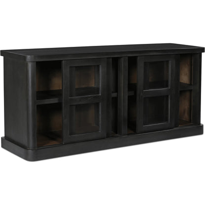 Mona Sideboard by Moe's Home Collection in black. Made from solid neem wood, tempered glass, pine veneer back in a traditional style.